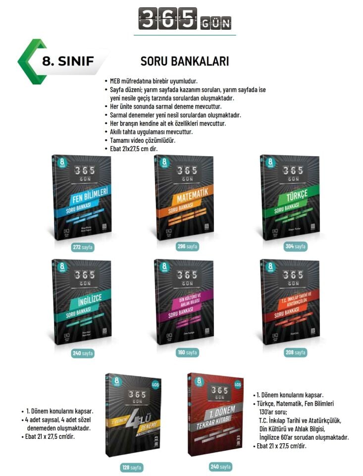 8. Sınıf 365 Gün Soru Bankaları Seti